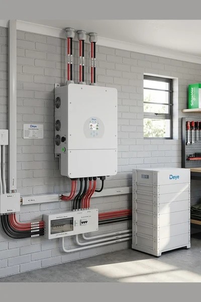 Deye hybrid inverter installed with residential battery storage