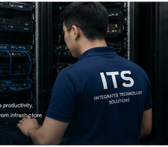 ITS technician wearing an Integrated Technology Solutions shirt